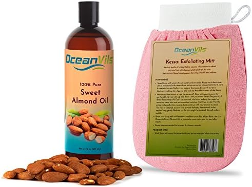 Sweet Almond Massage Oil 16 oz for Hair, Skin - Face, 100% Pure, Natural Almond Oil Cold Pressed for Aromatherapy - Essential Hydration for Everyday Skin Care, & BONUS Exfoliating Glove Mitt