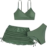 SHENHE Girl's 3 Piece Cute High Waisted Spaghetti Strap Swimsuit Bikini Sets with Beach Skirt