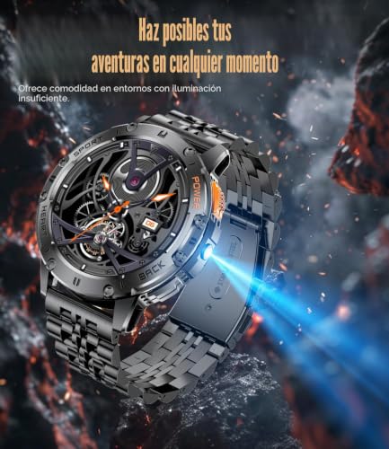 ESFOE Men's Smart Watch, 1.43 inch AMOLED Smartwatch Military Man with LED Flashlight/530mAh/5ATM Waterproof/Calls/120 Sports Modes/Heart Rate Monitor/Pedometer Android iOS Black