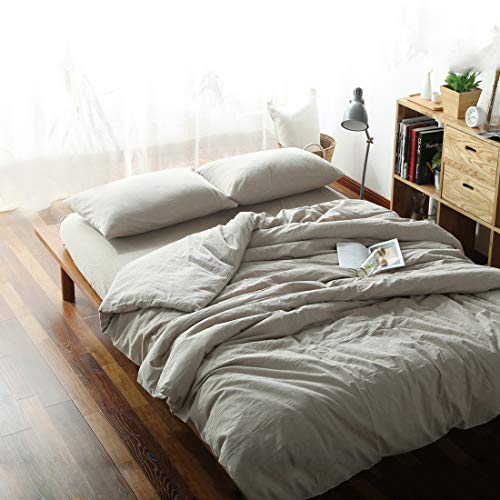 FOSSA Washed Cotton Duvet Cover Set Queen 3 Piece Bedding Sets Soft Wrinkled Solid Design (Queen, Linen) - Thumbnail 7