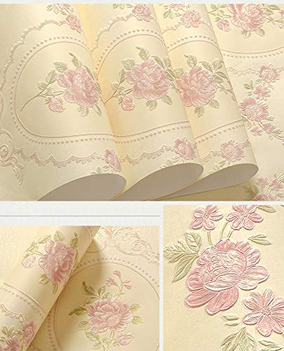 Prior.choice 9.5X0.53M Vintage Country Floral 6 Colors Embossed Textured Non-Woven Wallpaper Roll for Bedroom Livingroom 1.73' W x 31.2' L=5.035㎡ (54sq.ft) (Yellow)