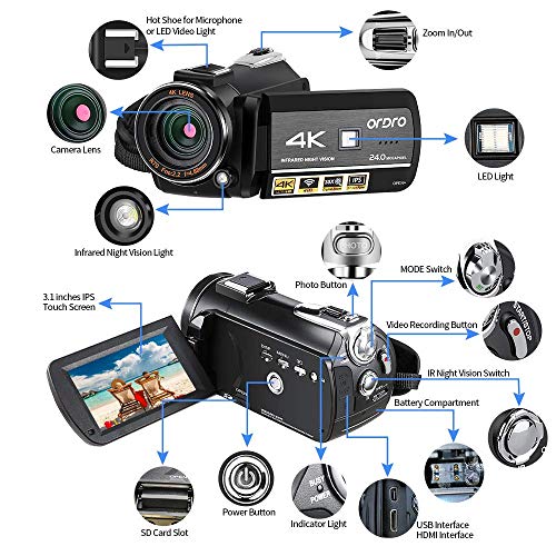 Videocmara-ORDRO-4K-Ultra-HD-con-Grabacin-de-Video-4K-Videocmara-WiFi-de-Cmara-de-Video-1080P-60FPS-con-Visin-Nocturna-por-Infrarrojos-Pantalla-Tctil-31IPS-con-Control-Remoto