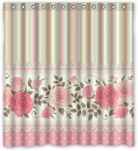 Valentine Series Custom Waterproof Fabric Bathroom Vintage Pink Rose Blossom Floral with Polka Dots Shower Curtain 66" x 72"