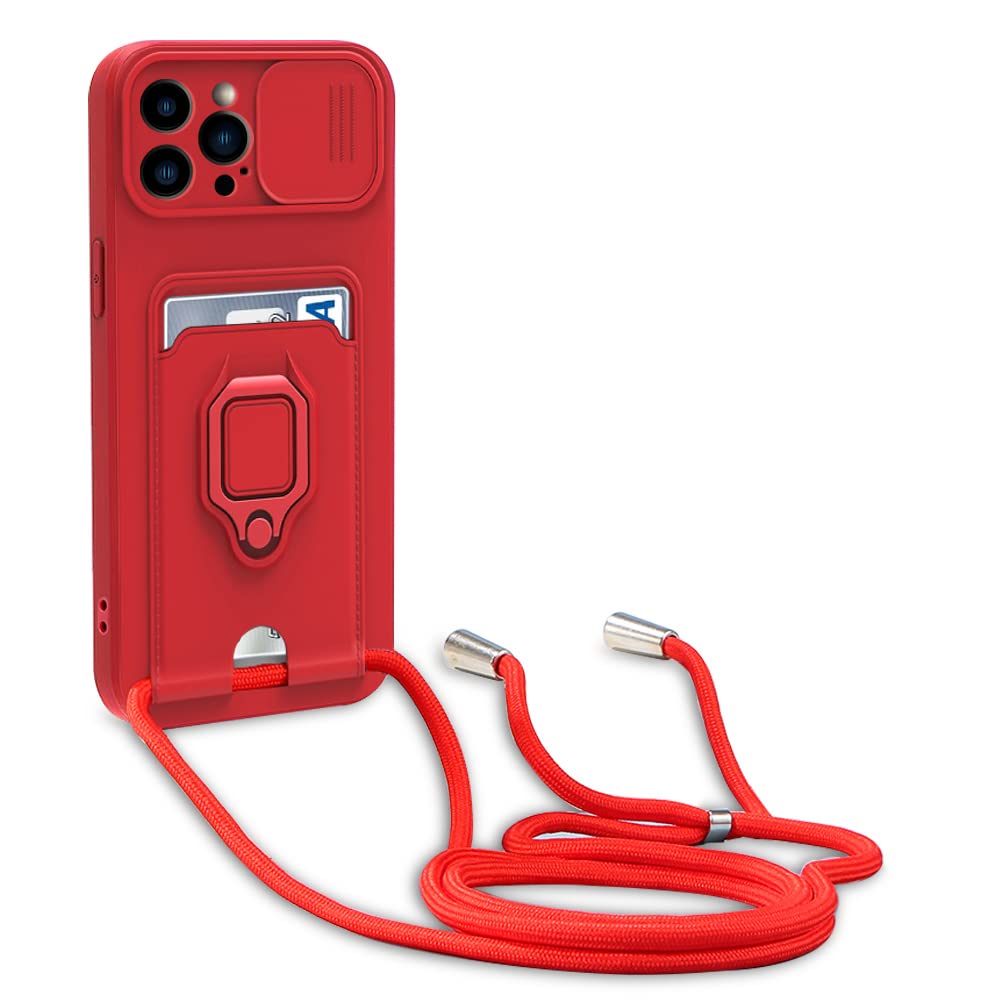 yanasuo Camera Protection Lanyard Phone Case for iphone 14 Pro Max, Card Holder, Slide Camera Cover, Silicone Cord Strap rope Shell TPU Shockproof Bumper Cover-Red — image 1