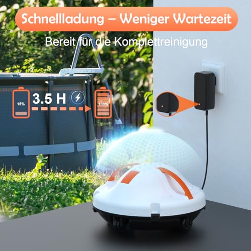 GAMPLAE Pool Robot, Wireless Pool Vacuum Cleaner Battery with 130 Minutes Running Time, Dual Motors Pool Cleaner, Self-Parking Function, Portable Pool Robot Battery for Flat Floors Pools up to 102 m²