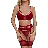Garter Lingerie for Women,Sexy Lace Lingerie,Sheer Matching 4 Piece Lingerie Set