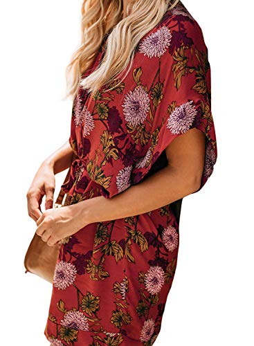 Eytino Women Floral Deep V Neck Short Sleeve Tie Waist Mini Casual T Shirt Dress,Large Sky Red