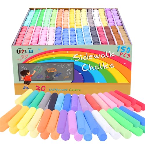 UZLU 150 Pcs Sidewalk Chalk-30 Colors, Drawing Chalk for Kids, Jumbo Washable Chalk Giant Box Non-Toxic,Painting on Sidewalk,Outdoor Art, Blackboard, Playground, Outside Gift Adult