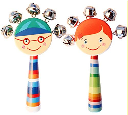 2 Pcs Vivid Color Smile Rainbow Handle Wooden Bells Jingle Stick Shaker Rattle Baby Kids Children Musical Toys