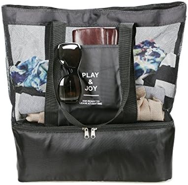 Mesh Beach Bag With Cooler 2-in-1 Tote for Women Large (Black)