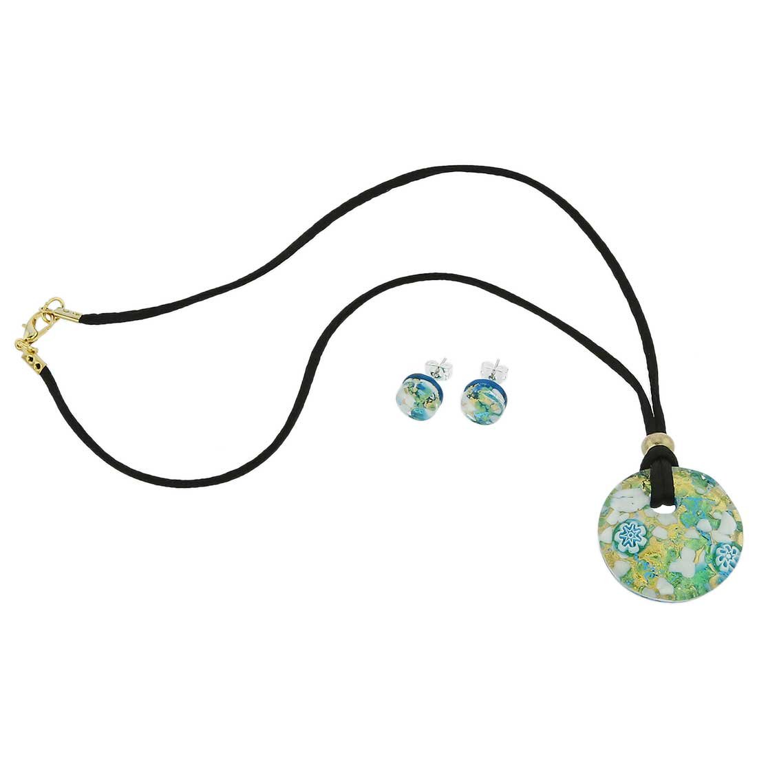 Glass Of Venice Murano Glass Venetian Reflections Round Necklace and Earrings Set - Aqua Gold