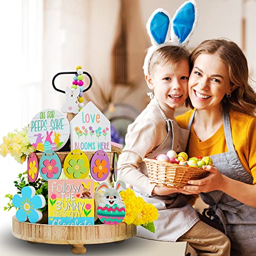 DSYSMIN 12 PCS Tiered Tray Decor Set Easter,Easter Decorations Incl.Wooden Bunny, Egg, Wood Bead with Tassel, Easter Egg Decoration Rustic for Easter Tiered Tray Items(Tray NOT Included)