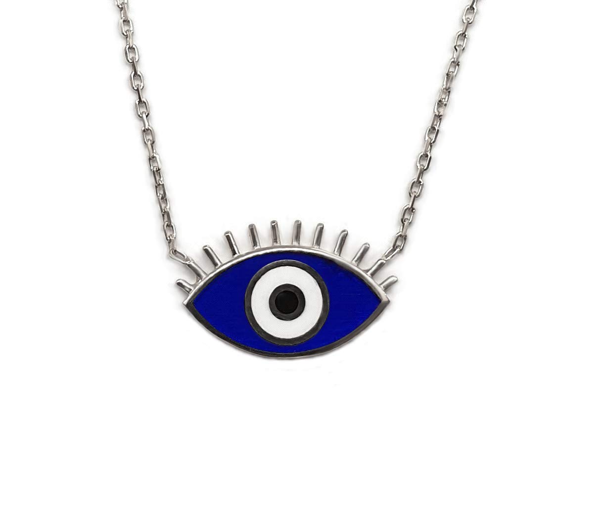MYSTIC JEWELS by Dalia Eye Necklace with Eyelashes - 925 Sterling Silver Enamel Blue for Good Luck (Silver)