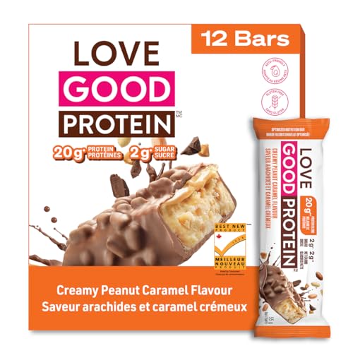 Love Good Fats High Protein Bars, Peanut Caramel - Whey Protein and Collagen - 20g Protein includes 6-7g Collagen, 2g Net Carbs, 1g Sugar - Chocolate Coating - Low Carb, Low Sugar, Keto, 12 Pack
