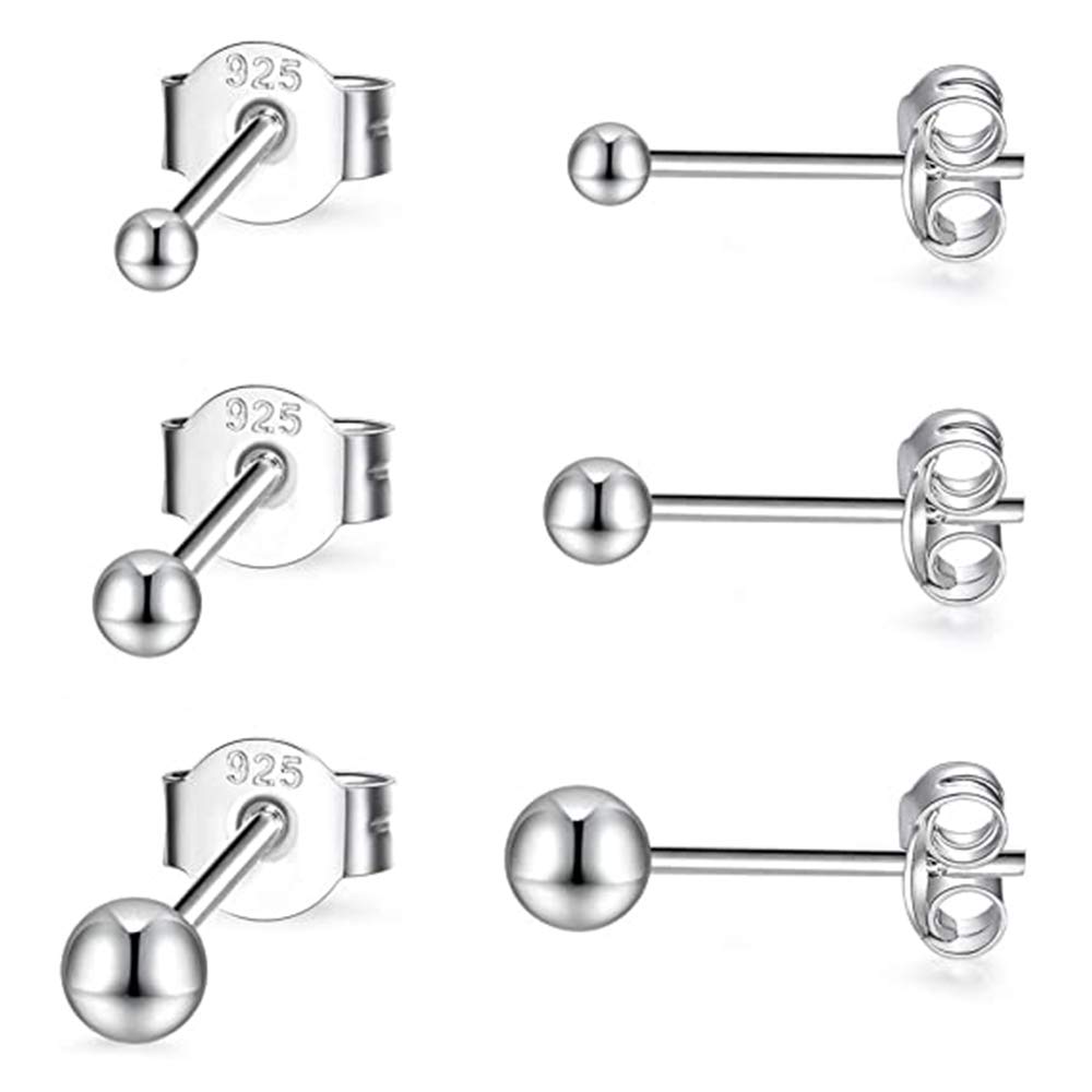 PRETTERY Silver Stud Earrings Set for Women, 3 Pair 925 Sterling Silver Round Ball Studs Earrings Set for Girls Chirldren, Size: 3mm, 4mm, 5mm