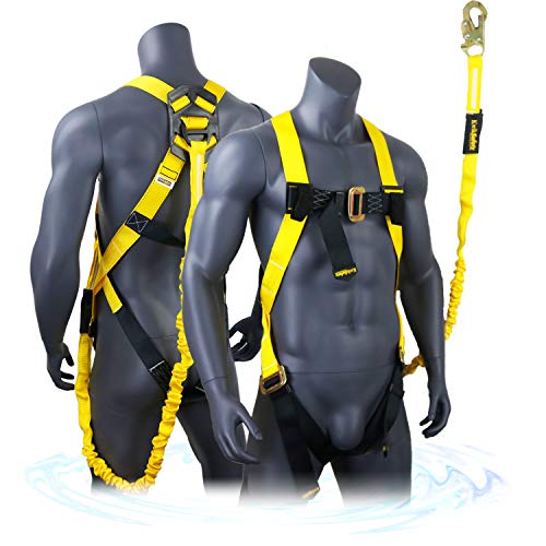 KwikSafety (Charlotte, NC) SCORPION Safety Harness w/attached 6ft. Tubular Lanyard on back | OSHA ANSI Fall Protection | INTERNAL Shock Absorbing Lanyard | Construction Carpenter Scaffolding