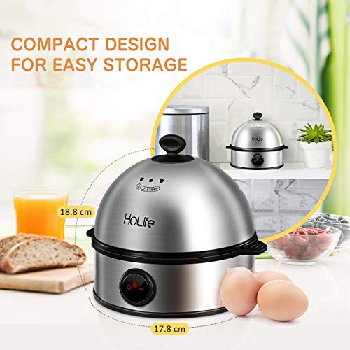 Egg Cooker, HoLife Stainless Steel Egg Boiler Steamer with Auto Shut off, 7 Egg Capacity for Soft, Medium, Hard Boiled Eggs, Omelettes