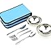 Travelmall 6 Piece Stainless Steel Bowl Fork Spoon Travel and Camping Cutlery Set with Carrying Bag for 2 People (Blue)