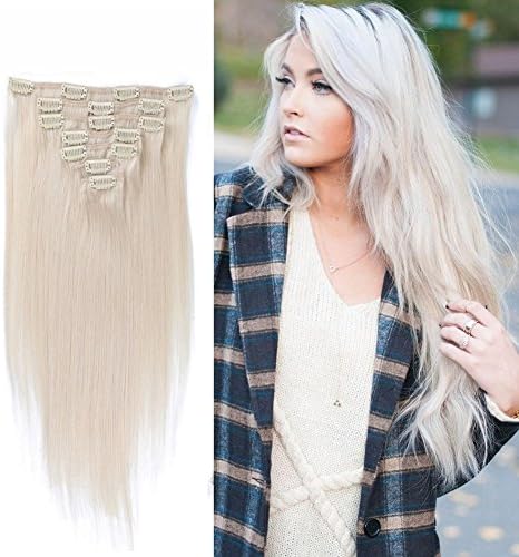 Clip In hair Extensions Platinum Blonde Double Silky Long Straight Human Hair 100% Remy Human Hair Salon Quality For Women 70g7PCS(22In#60)