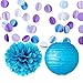 Fadesun Party Decoration Kit Purple Blue Tissue Paper Pom Poms Flowers Papers Lanterns Circle Garland Birthday Wedding Christening Frozen Theme Party Decorations for Adults Boys Girls