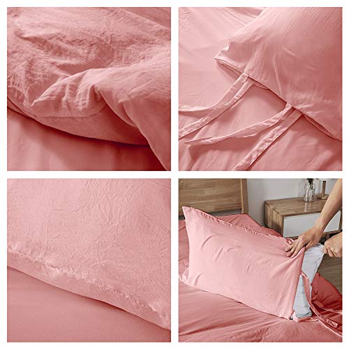 Duvet Cover Queen, 100% Washed Cotton, Linen Like Soft Breathable Durable Bedding Duvet Cover Set, 3-Pieces, Ultra Soft and Easy Care, Simple Style Home Bedding Set 2019 New(3-Piece, Queen, Pink)