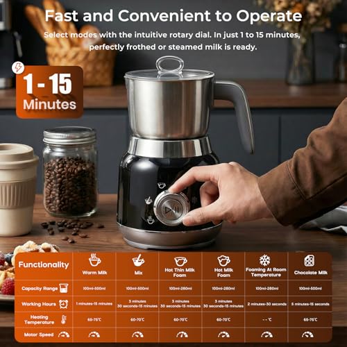Yaskyly 6 in 1 Electric Milk Frother 560W 1L Cold Hot Foam Milk Warmer and Milk Warmer for Latte, Cappuccinos, Macchiato, Stainless Steel, Dishwasher Safe (Black)