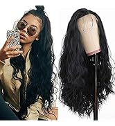 Maycaur Long Black Hair Lace Wigs Loose Wavy Hair Glueless Heat Resistant Synthetic Lace Front Wi...