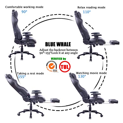 Blue Whale Massage Gaming Chair with Footrest Matel Base-Memory Foam Adjustable Backrest Reclining PC Computer Video Gamer Chair Racing High Back Game Chairs PU Leather Desk Office Chair BW/263 Black
