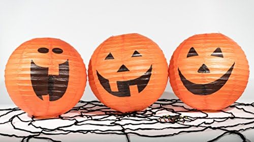 Halloween Party Decorative Paper Lanterns with Jack O Lantern Faces! 12" is the Perfect Size for Halloween Lanterns! Multi-Pack of 3 Pumpkin Lanterns with Bonus Giant Black Widow Spider Web!