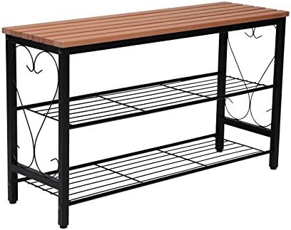 STRUGGLE Metal Shoe Bench with Seating, 2-Tier Shoe Rack for Entryway Hallway, Shoe Organizer, Black Frame with Walnut Top