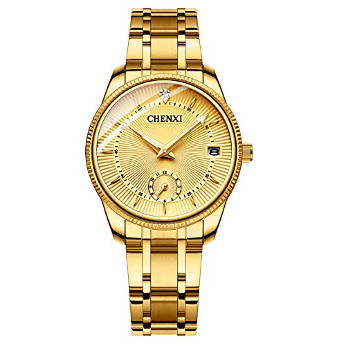 JewelryWe Men Women Gold Watches Stainless Steel Couple Wristwatch Calendar Quartz Watch His and Her Matching Watch Set with Second Dial