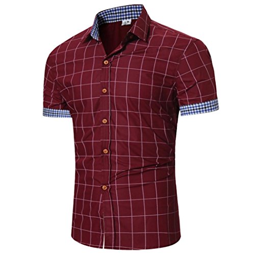 Men's Summer Top, Shybuy Men's Classic Pliad Button Down Top Slim Fit Business Casual Short-Sleeved Check Shirt (Wine, XL)
