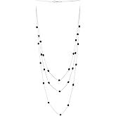 COOLSTEELANDBEYOND Multi-Layer Long Necklace, Silver Color Chains with Faceted Black Beads, Elegant Layered Jewelry