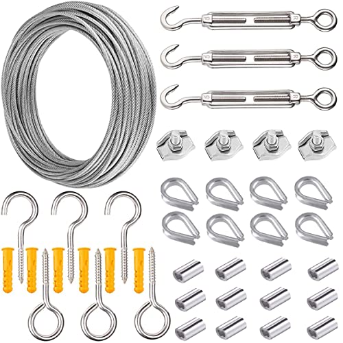 20m Garden Wire Support For Climbing Plants Wire Rope Kits, AMLOOPH 2mm PVC Coated Stainless Steel Metal Catenary Wire Kit, Heavy Duty Garden Wire Trellis Fence Turnbuckle Tension Wire Tensioner Kit