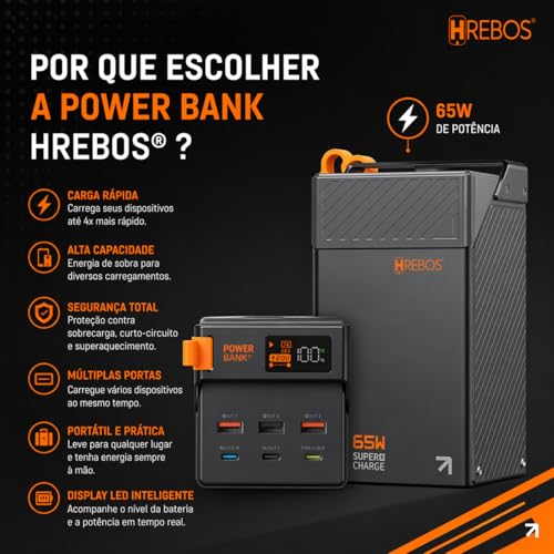 Carregador Power Bank Portátil Display Premium 50000mAh Original - Estação Carregadora de Alta Capacidade para Celulares,Carregamento Ultra Rápido 65W, USB-C e USB-A