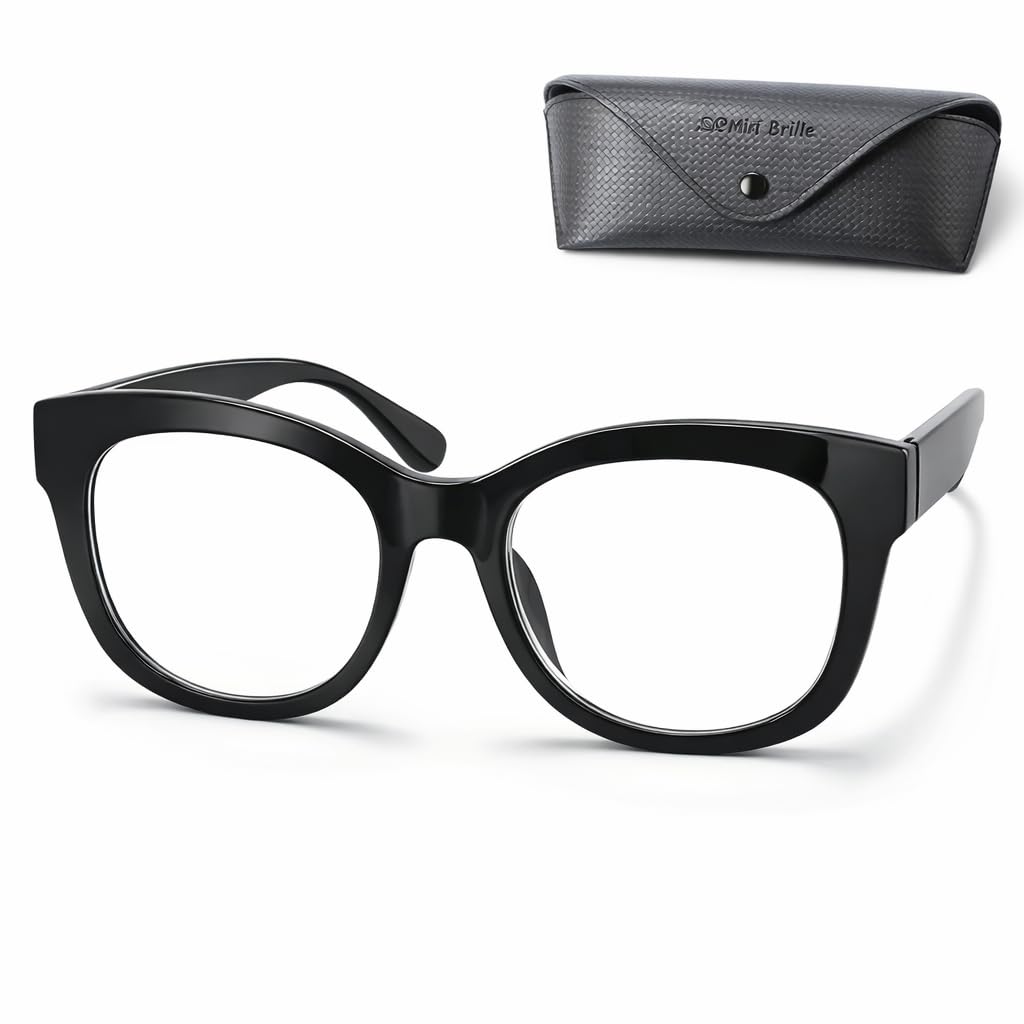 Mini Brille - Stylish Retro Thick Frame Reading Glasses with Large Lenses, FREE Case, Plastic Frame (Black), Women Reading Aid + 1.00 Magnification — image 1