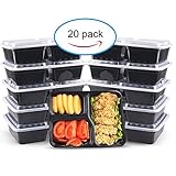 Meal Prep Containers [20 Pack] 3 Compartment Food Storage Bento Box | BPA Free | Stackable | Reusable Lunch Boxes, Microwave/Dishwasher/Freezer Safe,Portion Control (34 oz)