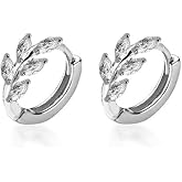 CZ Leaf Cartilage Huggie Small Hoop Earrings for Women Girls 925 Sterling Silver Cubic Zirconia Cluster Leaves Round Studs Tragus Pierced Ear Endless Hoops 8mm