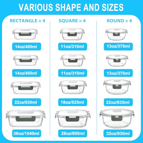 Pure Future 24-Piece Set (12-Pack) Borosilicate Glass Food Storage Containers with Upgraded Detachable Locking Lids - Leak Proof Meal Prep Lunch Boxes, Oven/Microwave Safe