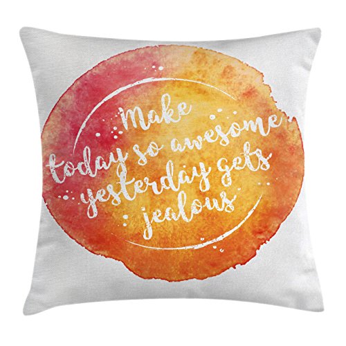 Quote Throw Pillow Cushion Cover by Ambesonne, Motivational Message on Artistic Grunge Vibrant Background Happiness, Decorative Square Accent Pillow Case, 24 X 24 Inches, Dark Coral Orange Yellow