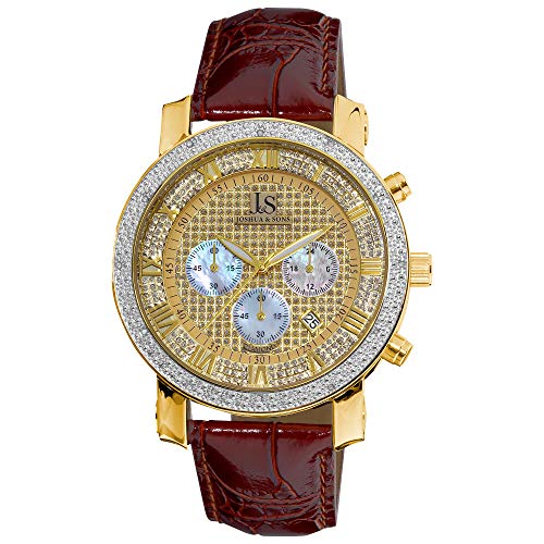 Joshua and Sons Men's Dazzling Diamond Chronograph Watch - Crystal Face Featuring Pearlescent Subdials with Genuine Diamonds On Bezel on Alligator Embossed Leather- JS-28