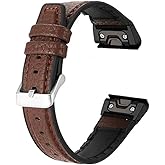 Leather Watch Bands Compatible with Garmin Fenix 8 47mm/E-47mm/7/6 Pro/5 Plus, QuickFit 22mm Soft Genuine Leather Silicone Sweatproof Wrist Strap for Fenix epix Pro/Tactix 8 47mm, Instinct 3 45mm Men