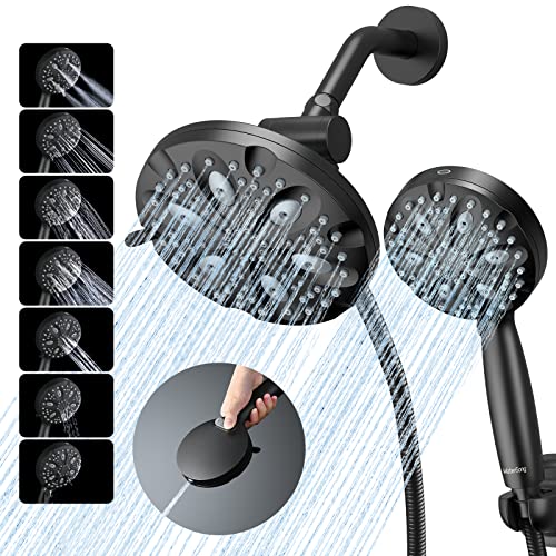 Shower Head Combo-WaterSong 14 settings 7'' Rain Showerhead+5'' Handheld Shower Spray with Build in Power Wash, 6.5ft Hose/Adjustable Mount for Bath Massage Spa, 3-Way Diverter, Matte Black