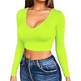 Artfish Women's Long Sleeve Scoop V Neck Crop Top