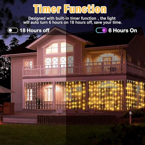 Cozymeow 600 LED 6 x 3 m Outdoor Waterfall Lights with Timer, 8 Waterproof Modes, Connectable Lights for Garden, Wedding, Gazebo, Parties, Balcony – Warm White