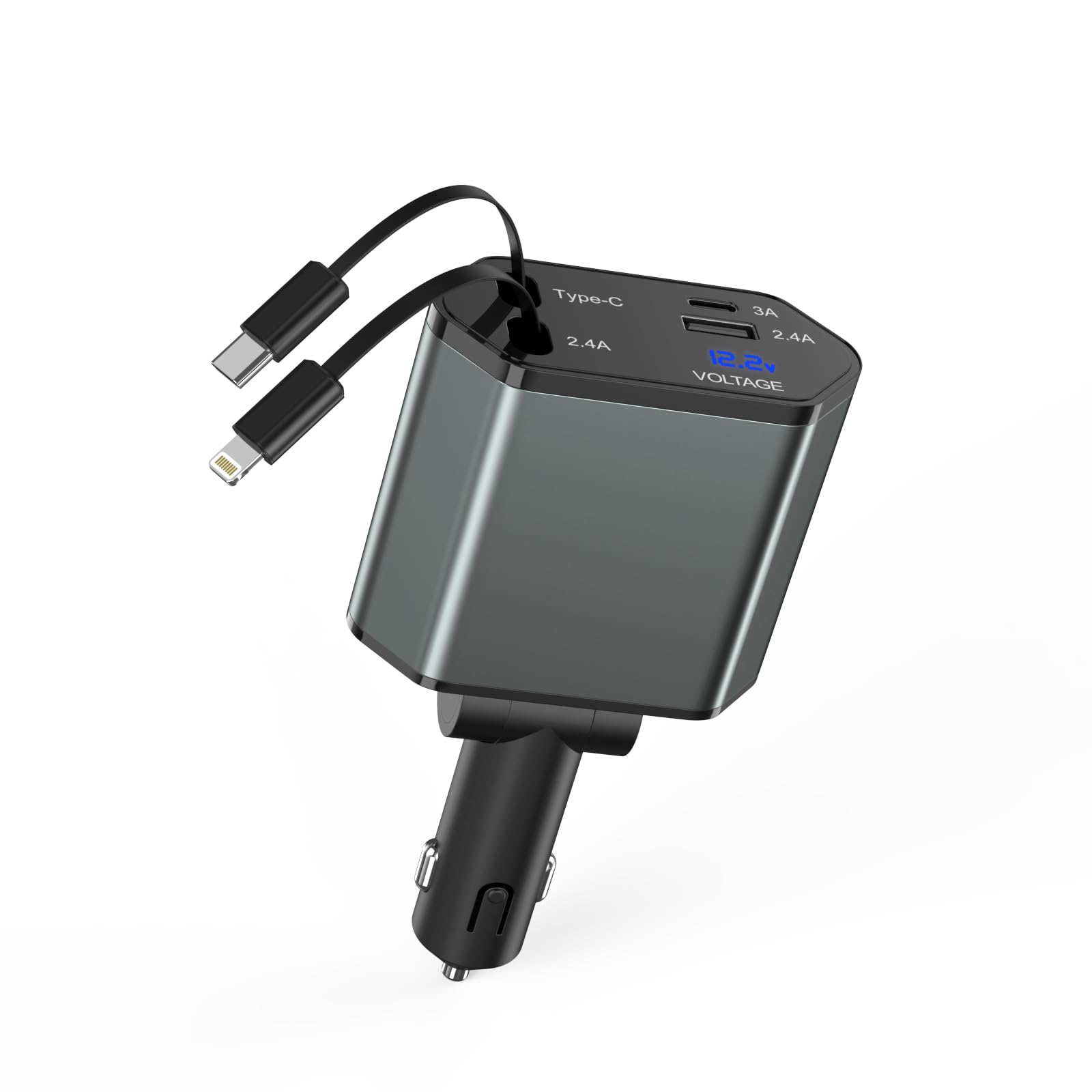 Retractable iPhone Car Charger, 4 in 1 66W Car Charger Fast Charging 2 Retractable Cable(PD & Lightning) and 2Port (USBC & USB A) Apple Car Charging Cigarette Lighter Adapter for iPhone 16/15/14/13/12