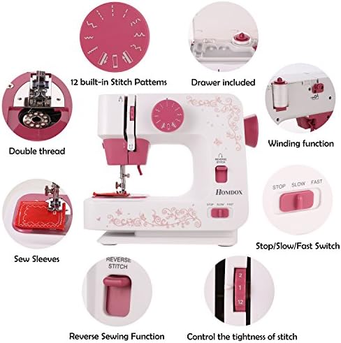 Voluker Portable Lightweight Sewing Machine Electric 2-Speed Double Thread Full-Featured With 12 Stitches,Light and Cutter for Household Travel Beginner - Red