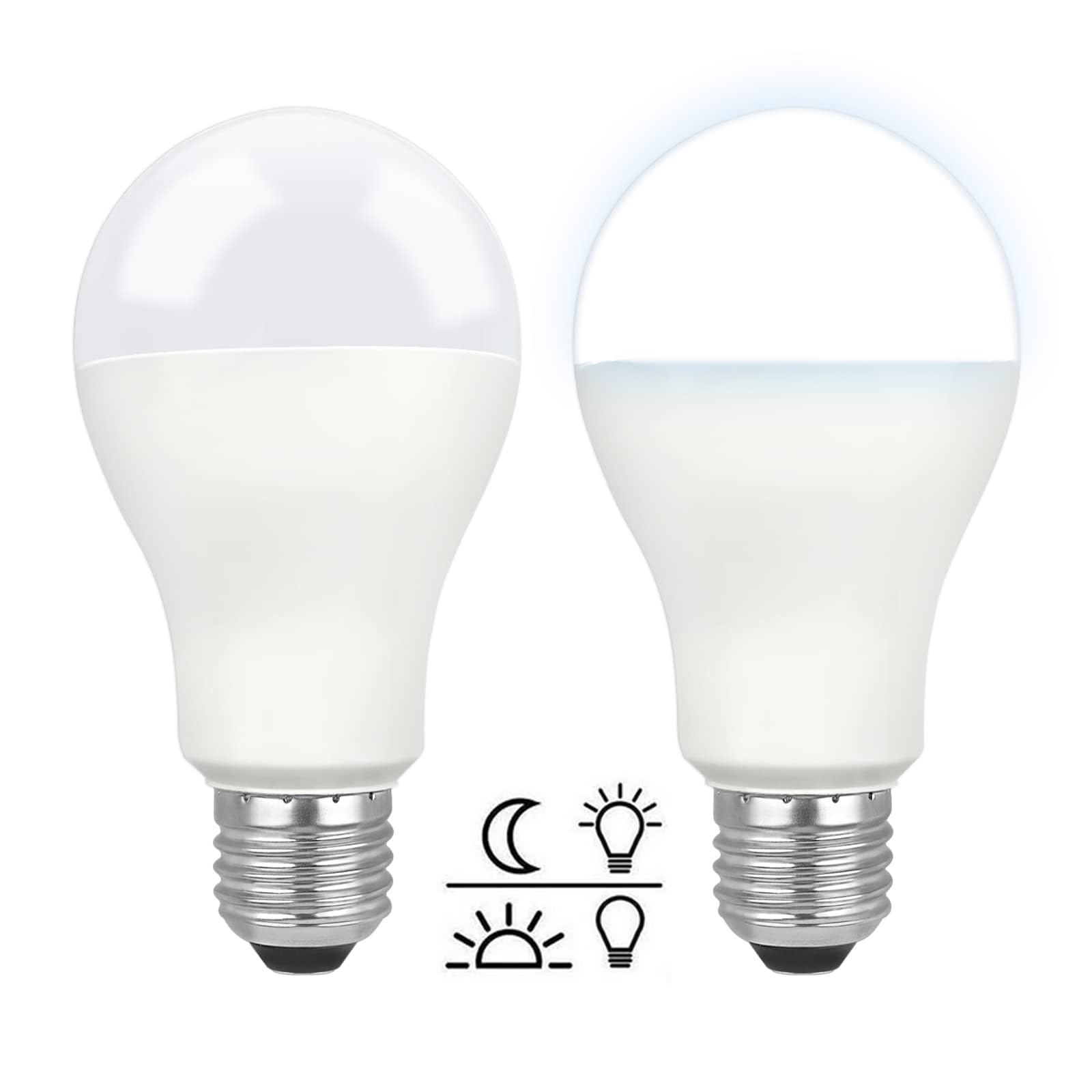 Akynite 12W Dusk to Dawn LED Light Bulbs E27 Cool White 6000K, 1200LM, Auto On Off, Porch Light Bulb with E27 Edison Screw, Dusk Dawn Light Sensor Bulbs for Outdoor, Security Lighting, 2pcs