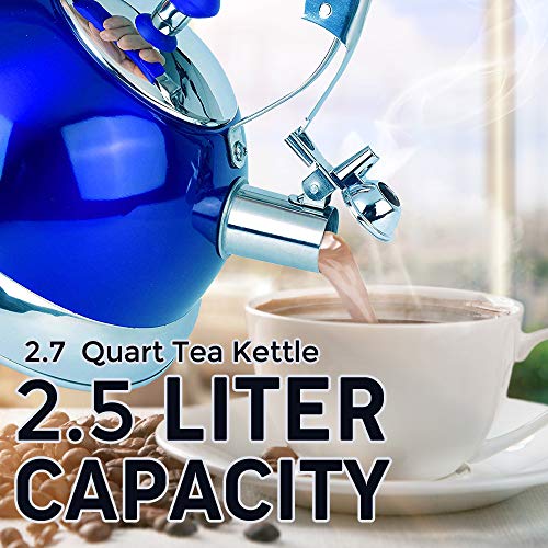 Premium Quality 18/8 Food Grade Heavy Gauge Blue Stainless Steel Whistling TEA KETTLE with Ergonomic Soft Grip Anti-Hot Handle BY UNIWARE- Stovetop pot 2.7 qt. 12 Cup Teapot - Thumbnail 4