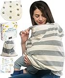 Breastfeeding Nursing Cover + 1 Burp Cloth by HealthySam - Baby Car Seat Covers - Shopping Cart, High Chair, Stroller and Carseat Canopy - Stretchy, Breathable Scarf and Shawl - Cotton - Grey Stripes